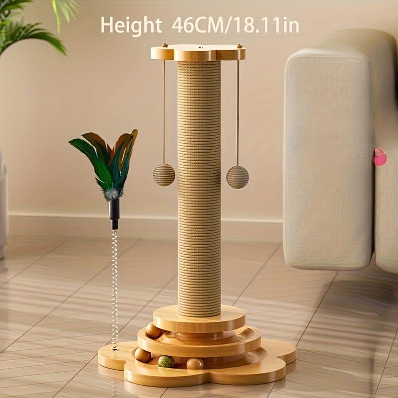 1pc Premium Solid Wood Cat Scratching Post Turntable - Interactive Teaser Stick & Scratch-resistant Board - Durable Sisal Climbing Stand for Playful Felines