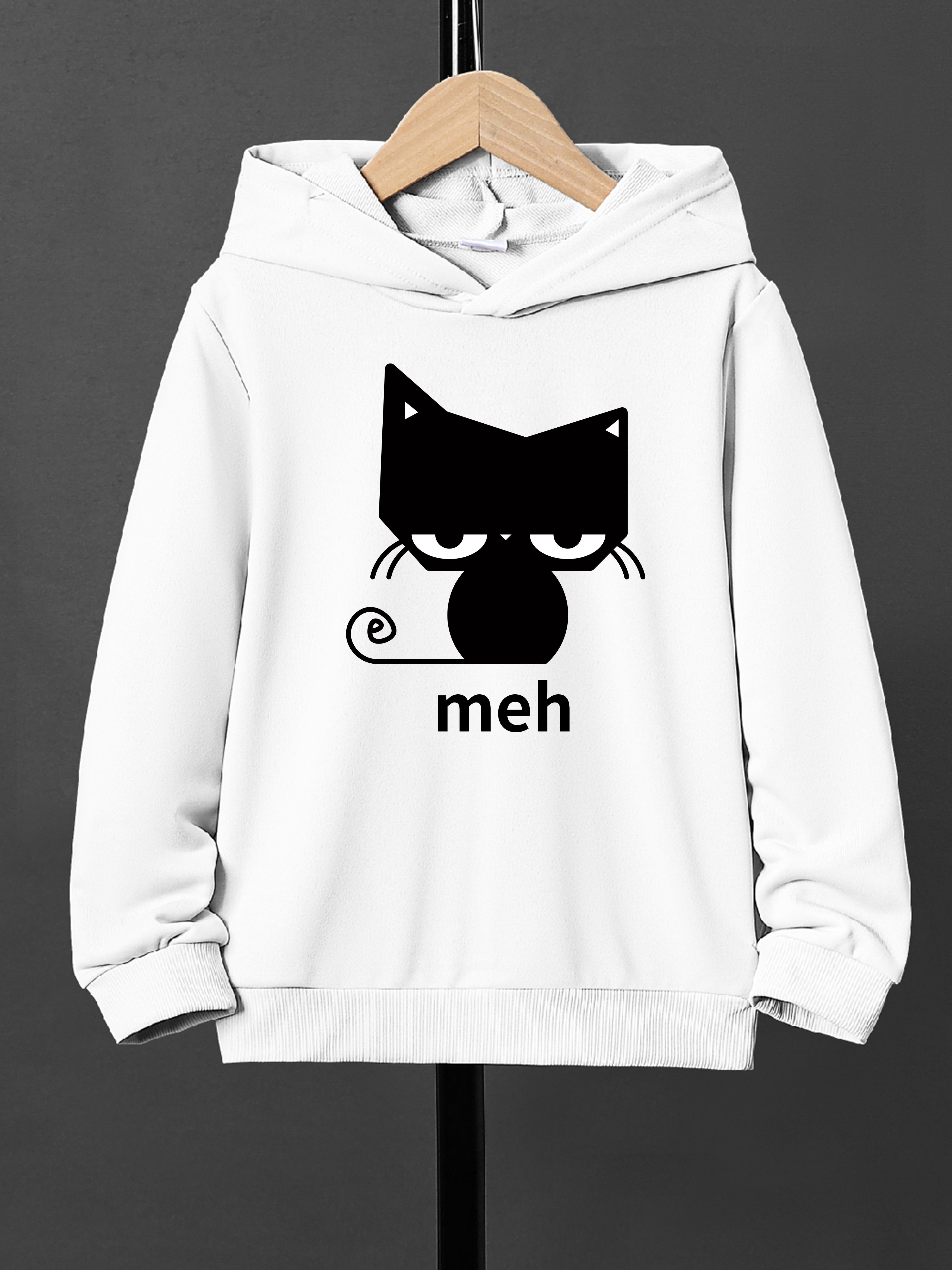 Boys' Casual Cat Print Hoodie - Comfortable Loose-Fit Long Sleeve Pullover for Fall/Winter, Easy Care, Knit Fabric