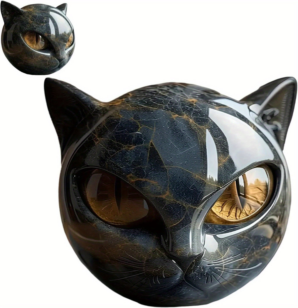 1pc Hand-Carved Resin Black Cat Stone Sculpture - Elegant Marble-Like Texture with Golden Marble Eyes, Intricate Feline Face & Expressive Eyes, Mini Cat Figurine for Home Decor, Gift for Cat Lovers (No Electricity Needed) - D