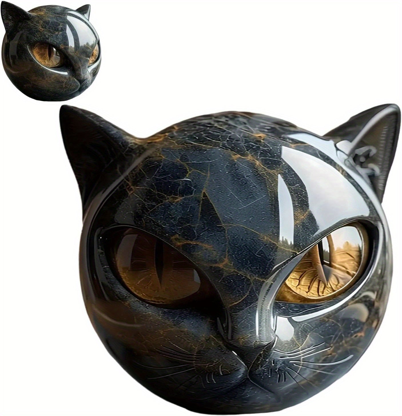 1pc Hand-Carved Resin Black Cat Stone Sculpture - Elegant Marble-Like Texture with Golden Marble Eyes, Intricate Feline Face & Expressive Eyes, Mini Cat Figurine for Home Decor, Gift for Cat Lovers (No Electricity Needed) - D