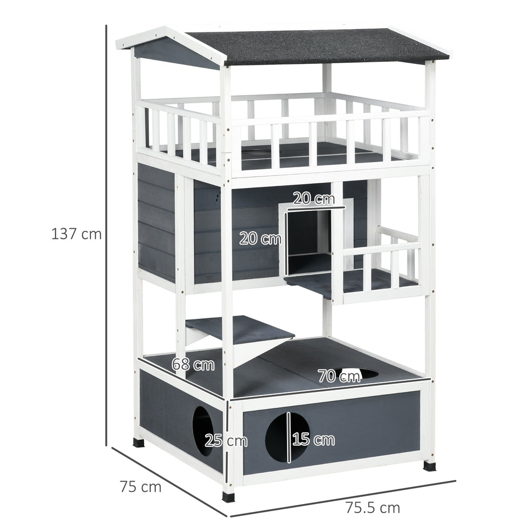 Wooden Outdoor Cat House 3-Tier for Winter Kitten Shelter Lodge w/ Tilted Roof Terrace Jump Step Bottom Tray Elevated Base Waterproof Paint