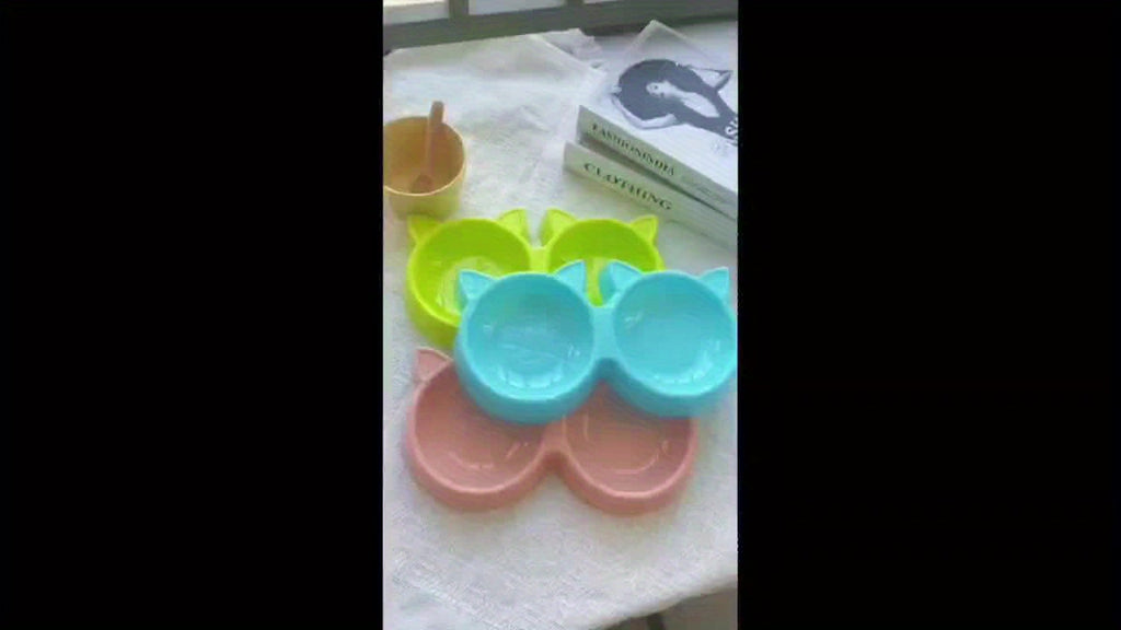 Dual Pet Feeding Bowls for Cats & Small Dogs - Non-Slip, Easy Clean Plastic Food and Water Dish Set