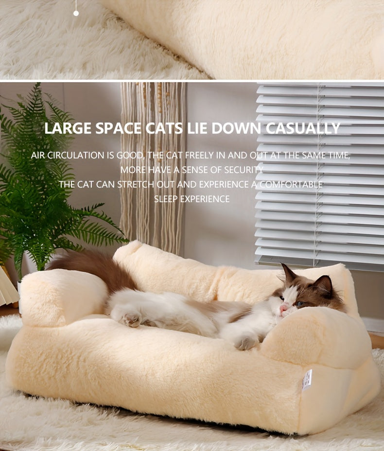Luxurious Beige Plush Cat Bed - Ultra-Soft, Warm Sofa for Cats with Non-Slip Base & Detachable Cover - Ideal for Snoozing & Relaxing, Easy to Clean, Polyester Fill - Perfect Pet Lounger for Kittens & Cats, Kitten Bed