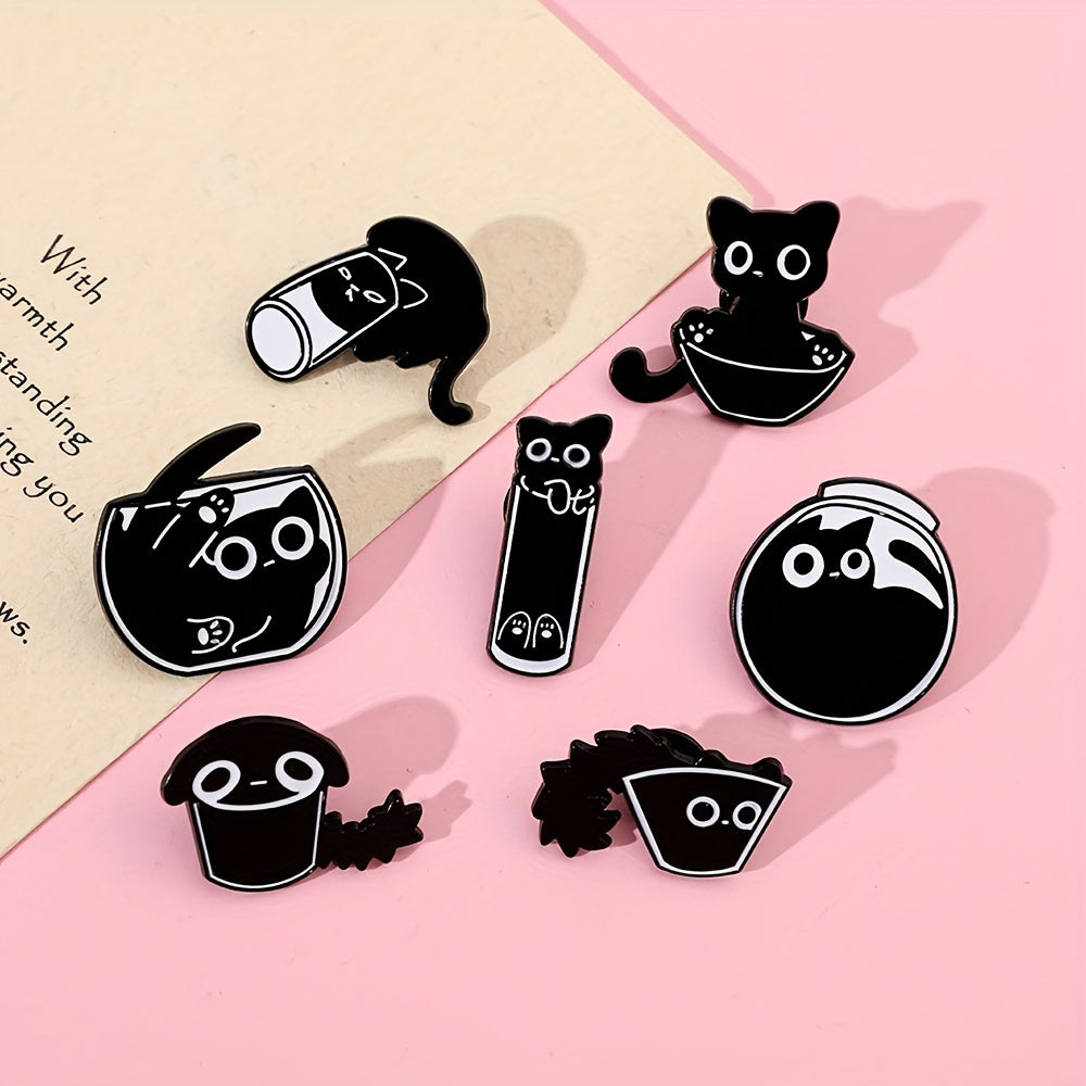 7pcs Black Cat Paint Badge Brooch Set Cute Lovely Alloy Brooch Jewelry Animal Theme Accessories