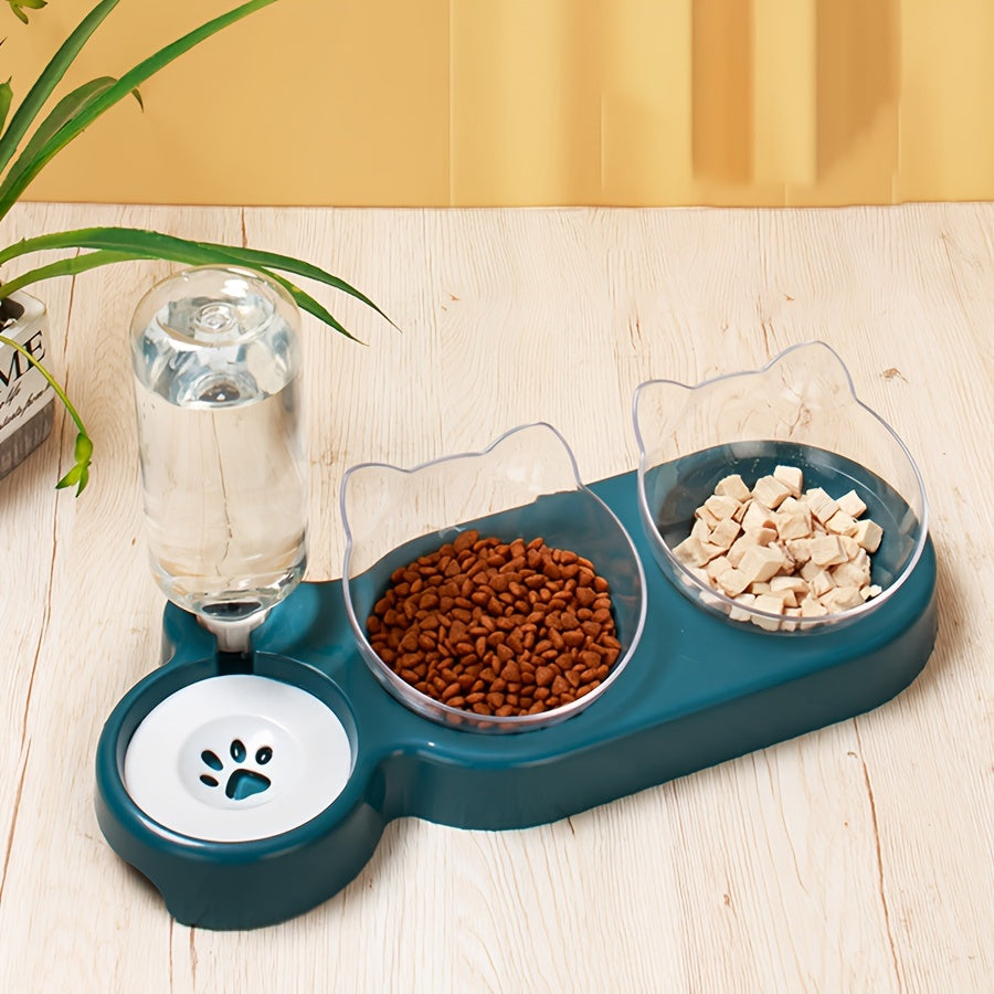 Elevated Cat Bowls With Water Dispenser, Double Pet Inclined Food And Water Bowl With Gravity Water Bottle