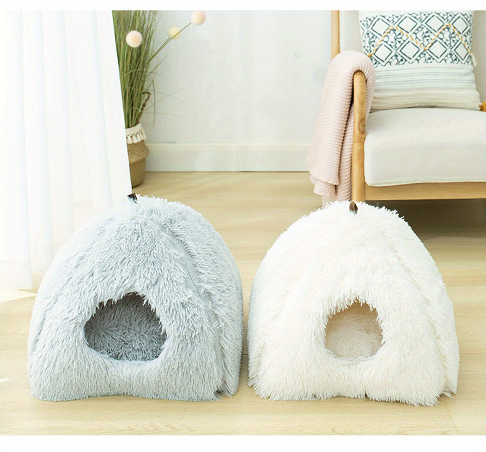Long Plush Cozy Cat Cave Bed - Soft Polyester Pet House with Non-Slip Bottom, Removable Washable Pads & Arched Entrance Tunnel for Warmth & Comfort, Cute Hideout for Kittens & Cats, Pet Relaxation Space | Cute Cat Cave | Fluf