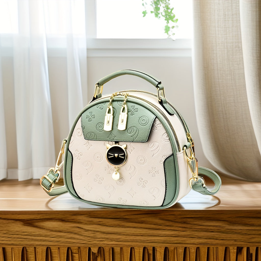 Small Geometric Embossed Crossbody Cat Dome Shoulder Purse - Color Contrast, Cute, Stylish, and Spacious Handbag for Women - Perfect for Daily Use, Travel, and Outdoor Activities