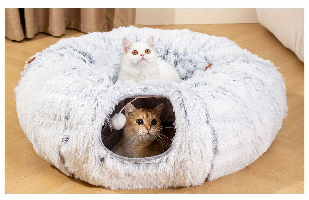 Plush 2in1 Cat Tunnel Bed | Winter Warm Donut-Style Cozy Nest with Enclosed Hideaway, Peekaboo Hole & Hanging Pom Pom Toy, Extra Thick Soft Pet Bed for Anxiety Relief and Deep Sleep, Non Slip Bottom, Perfect for Multi Cat Pla
