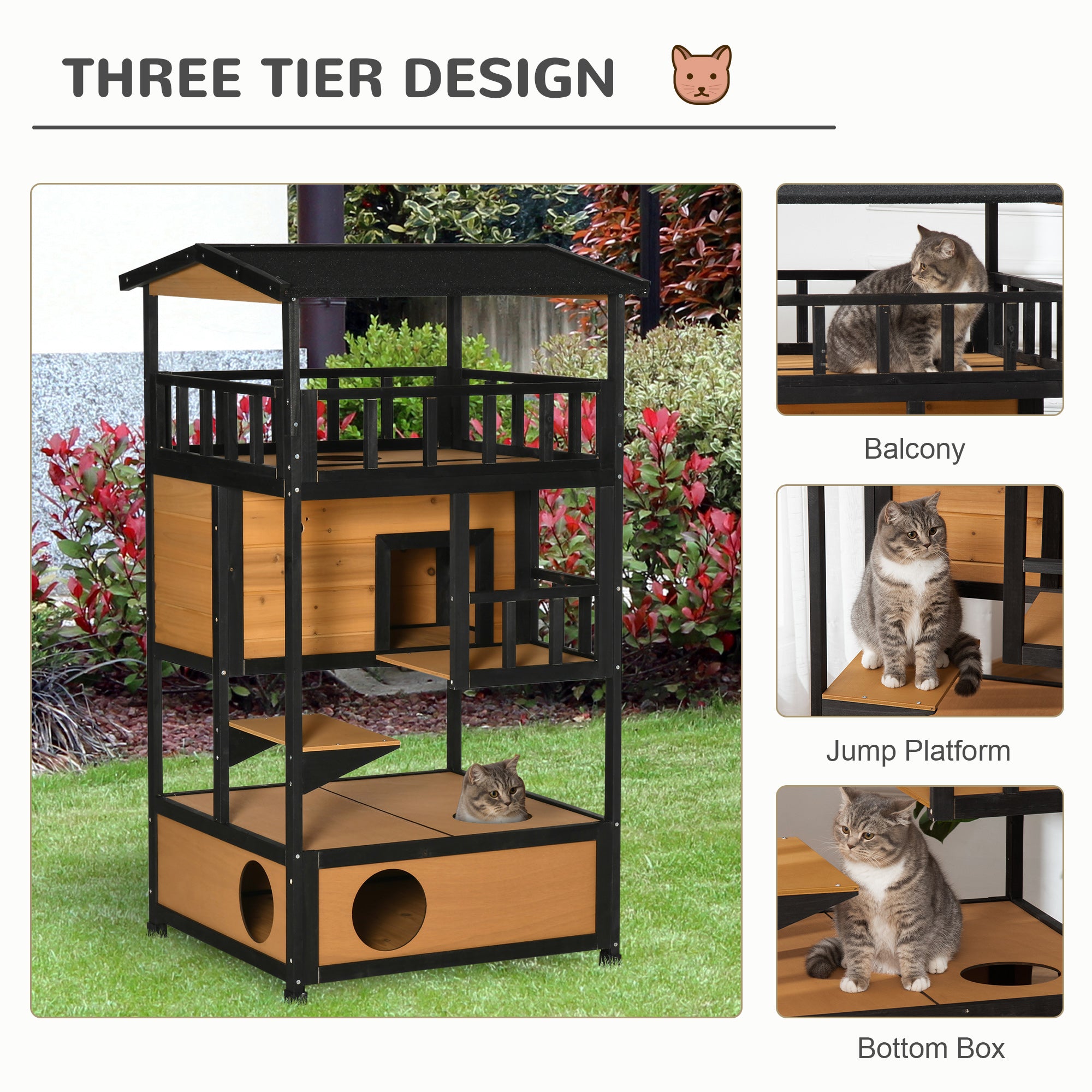 Wooden Outdoor Cat House 3-Tier for Winter Kitten Shelter Lodge w/ Tilted Roof Terrace Jump Step Bottom Tray Elevated Base Waterproof Paint