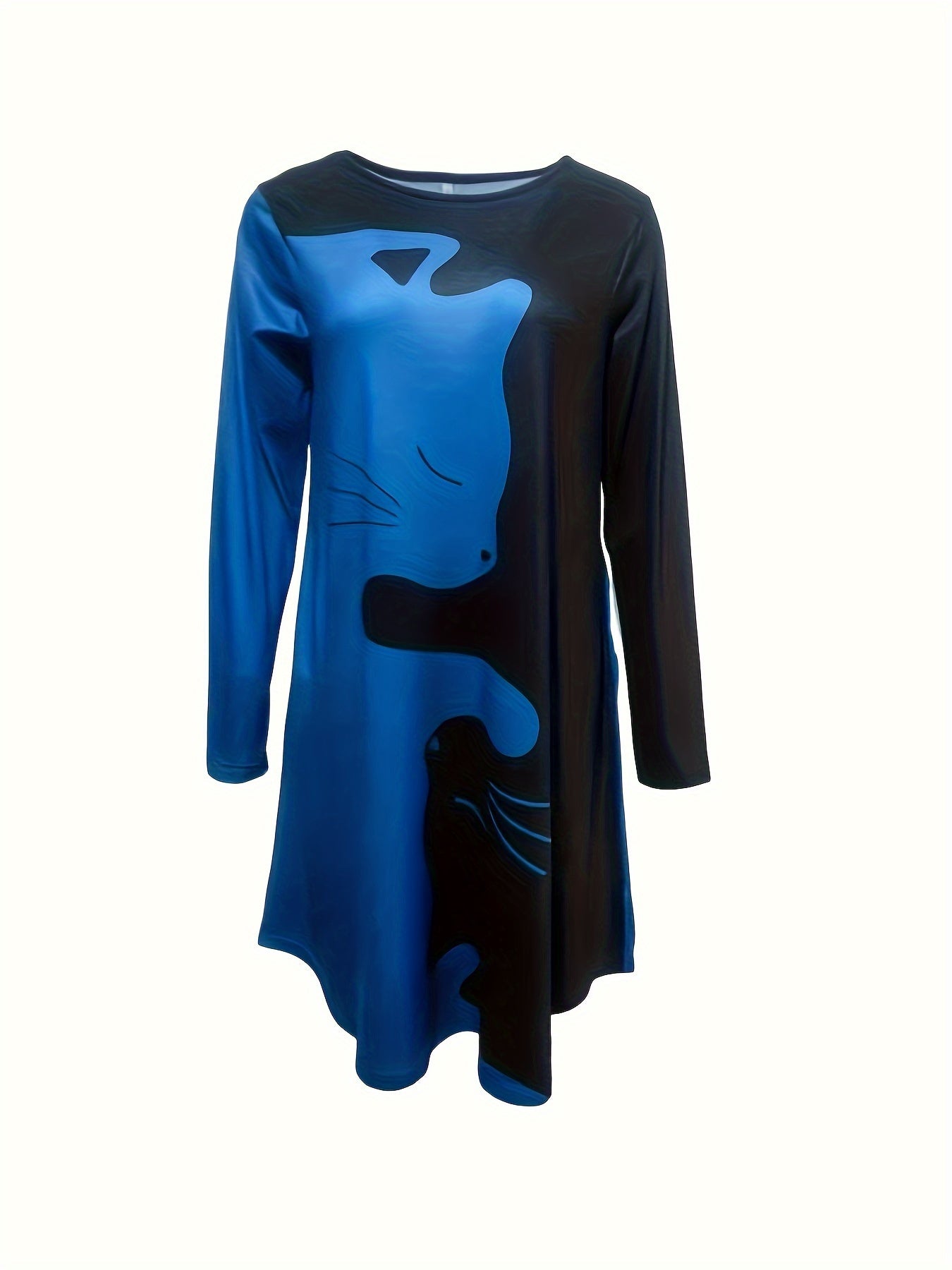 Long Sleeve Cat Print Casual Crew Neck Dress for Women, Spring & Fall Clothing