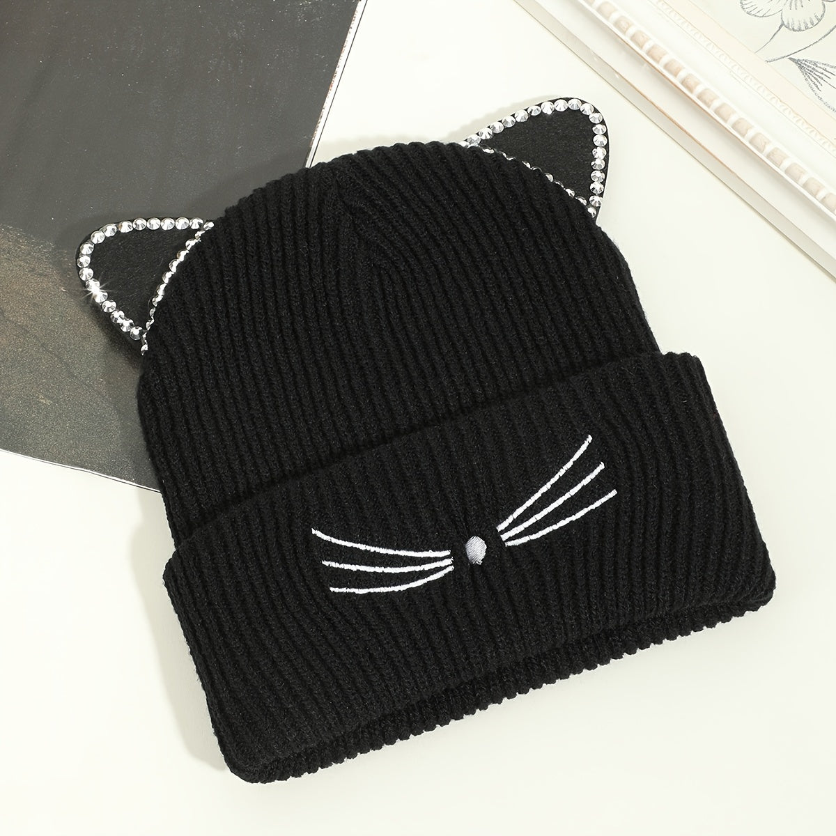 Cute Cat Beanie With Ears Trendy Solid Color Elastic Knit Hats Winter Warm Skull Cap Coldproof Beanies For Women