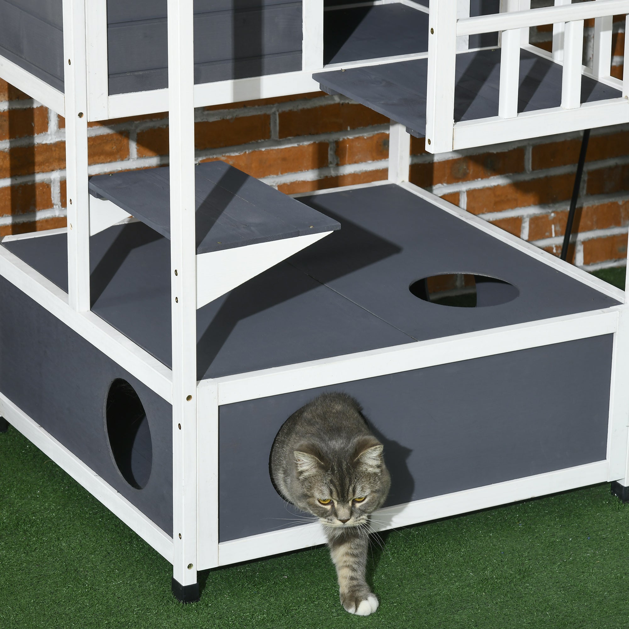 Wooden Outdoor Cat House 3-Tier for Winter Kitten Shelter Lodge w/ Tilted Roof Terrace Jump Step Bottom Tray Elevated Base Waterproof Paint