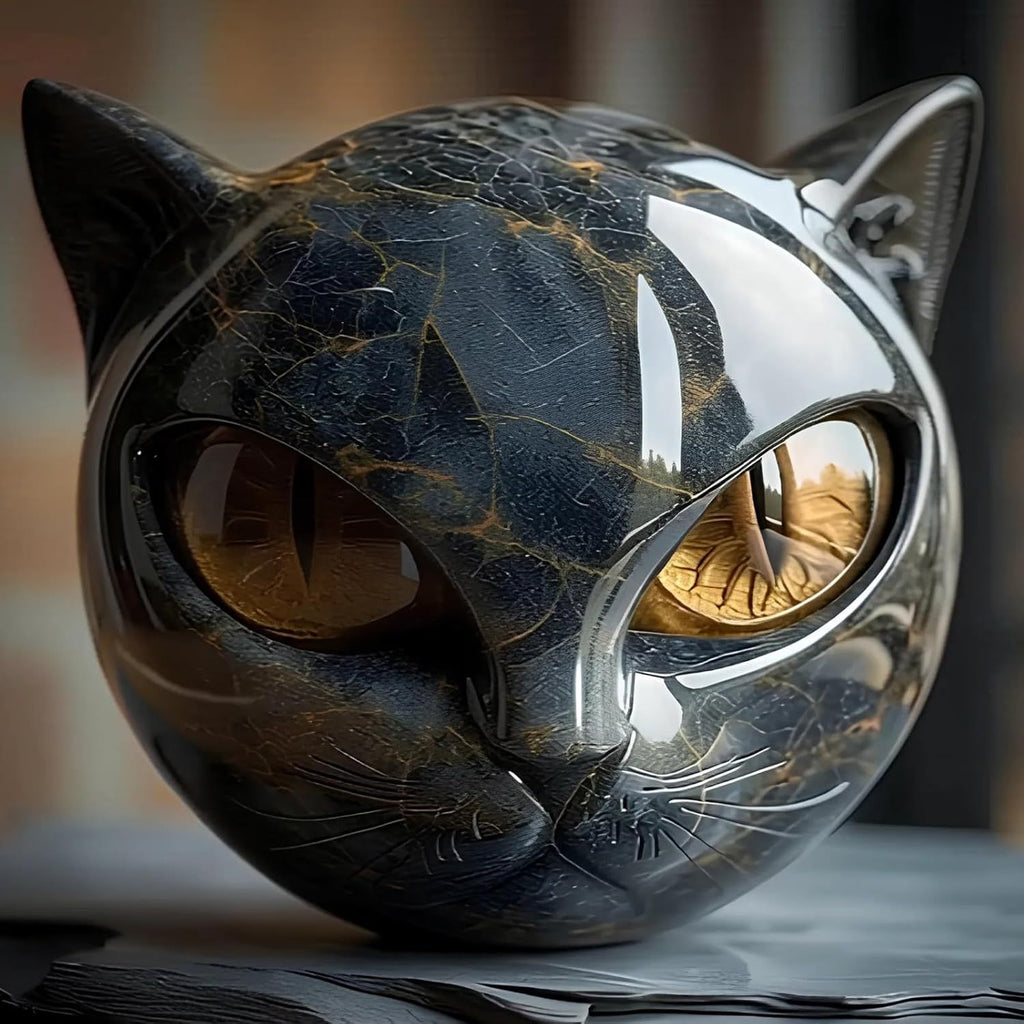 1pc Hand-Carved Resin Black Cat Stone Sculpture - Elegant Marble-Like Texture with Golden Marble Eyes, Intricate Feline Face & Expressive Eyes, Mini Cat Figurine for Home Decor, Gift for Cat Lovers (No Electricity Needed) - D