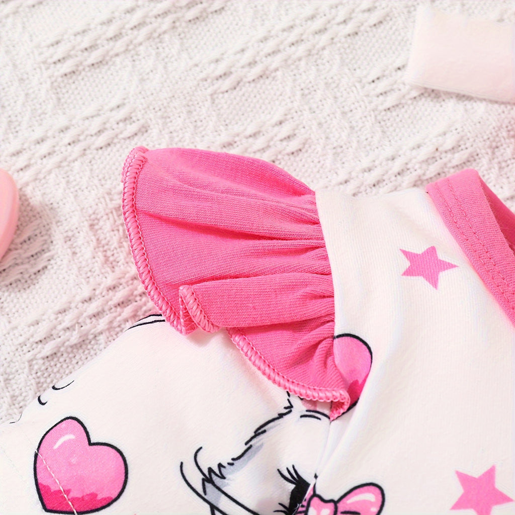 Newborn Baby Girls Cute Cartoon Cat Print Short-sleeved Comfortable Jumpsuit With Bow Headband Baby Summer Clothing