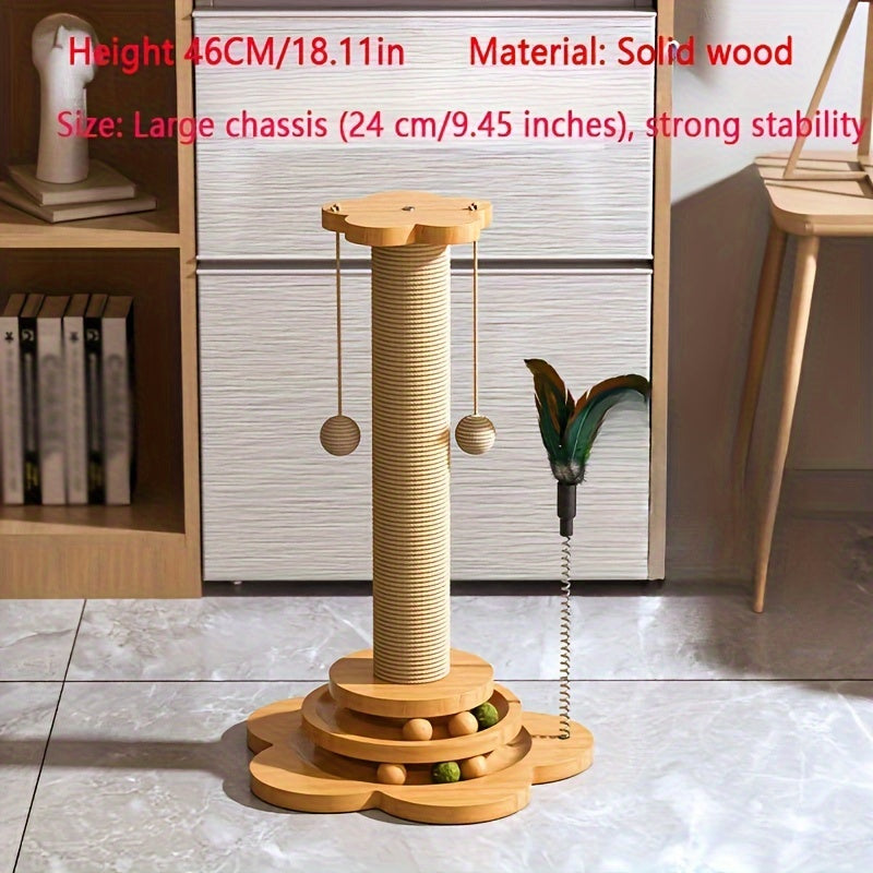 1pc Premium Solid Wood Cat Scratching Post Turntable - Interactive Teaser Stick & Scratch-resistant Board - Durable Sisal Climbing Stand for Playful Felines