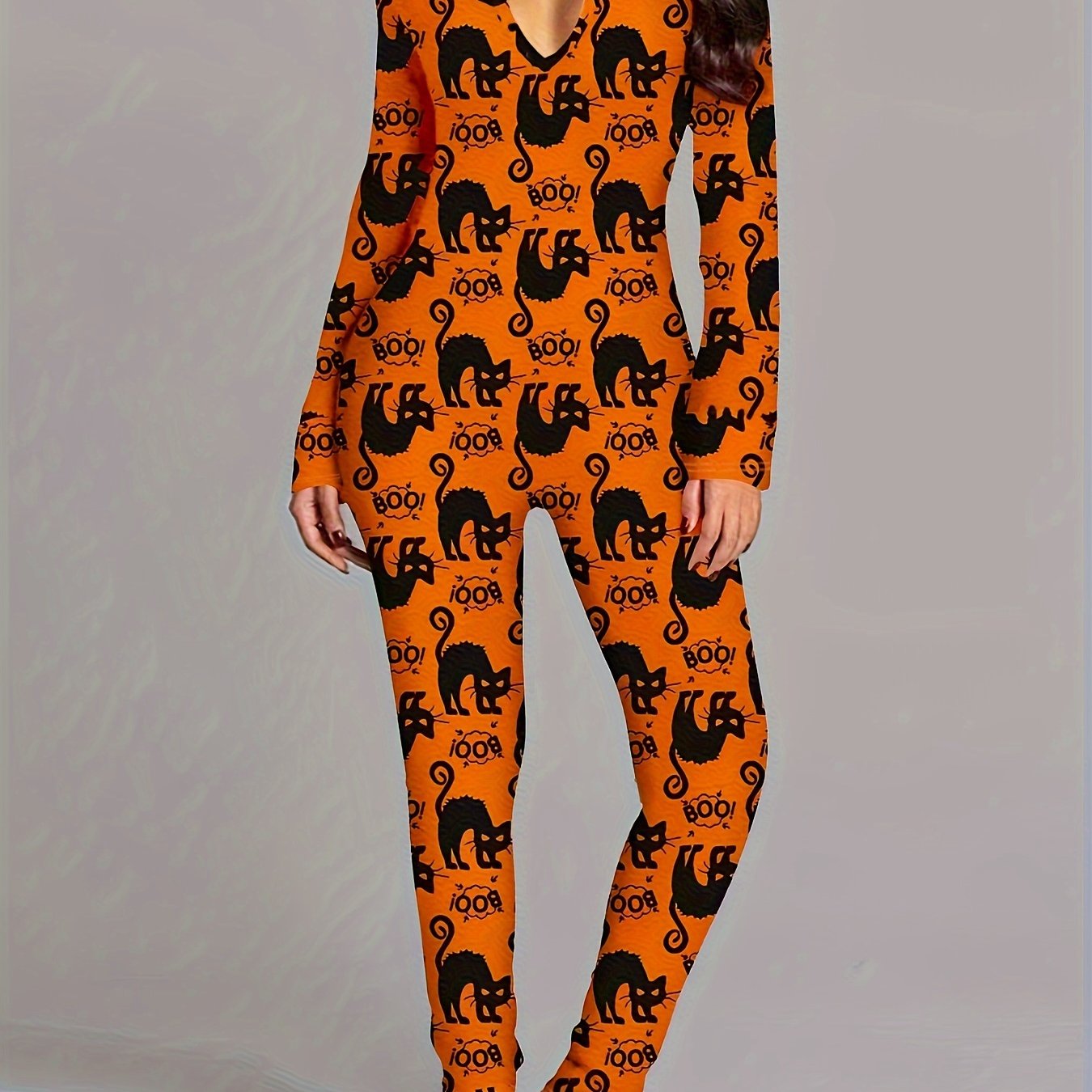 Whimsical Halloween Cat Print Unitard - Soft Mid-Elasticity Polyester Jumpsuit with V-Neck, Long Sleeves, and Casual Style - Perfect for Spring and Fall Seasons