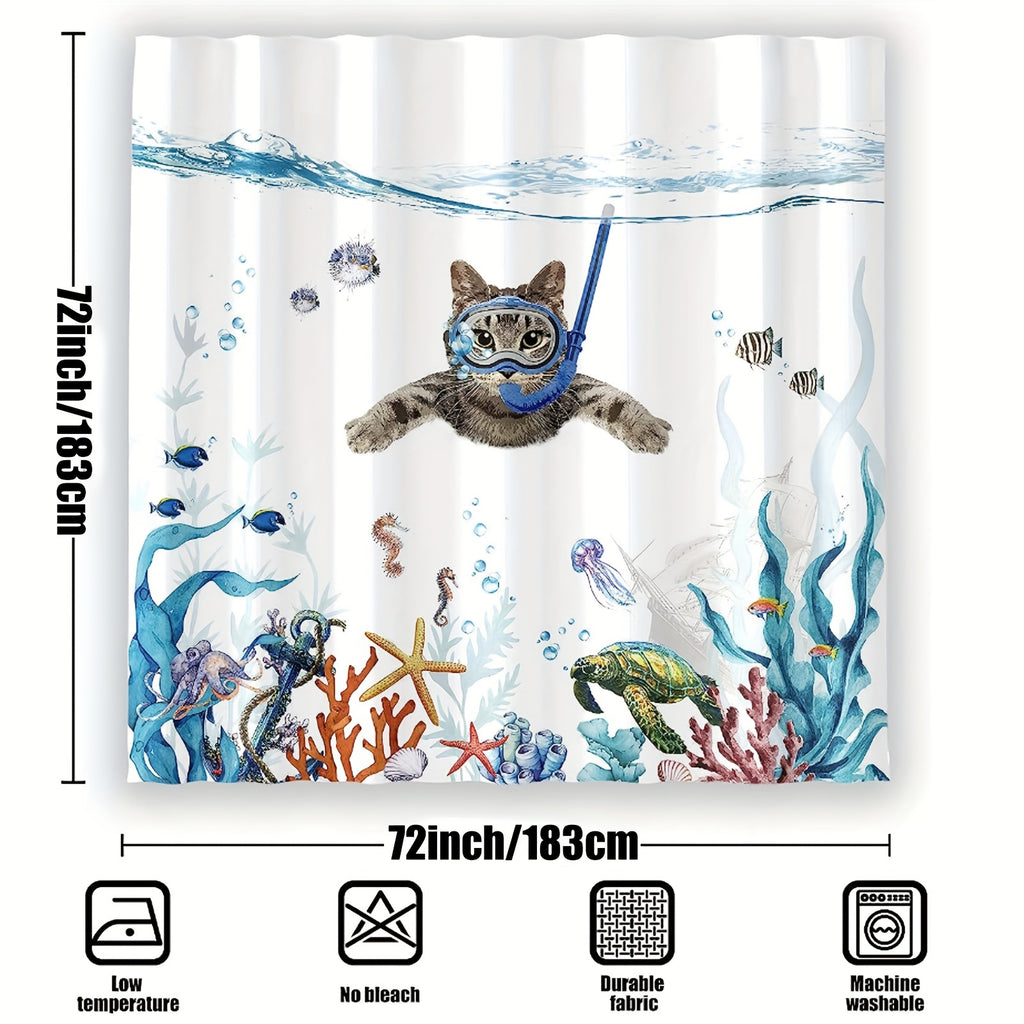 1pc Funny Cat Shower Curtain - Teal Blue Sea Ocean Waterproof Fabric Shower Curtains, Animal Octopus Starfish Turtle Anchor Fish Nautical Bathroom Curtain - For Bathroom Decor - Suitable for All Bathroom Sizes - Perfect Gift