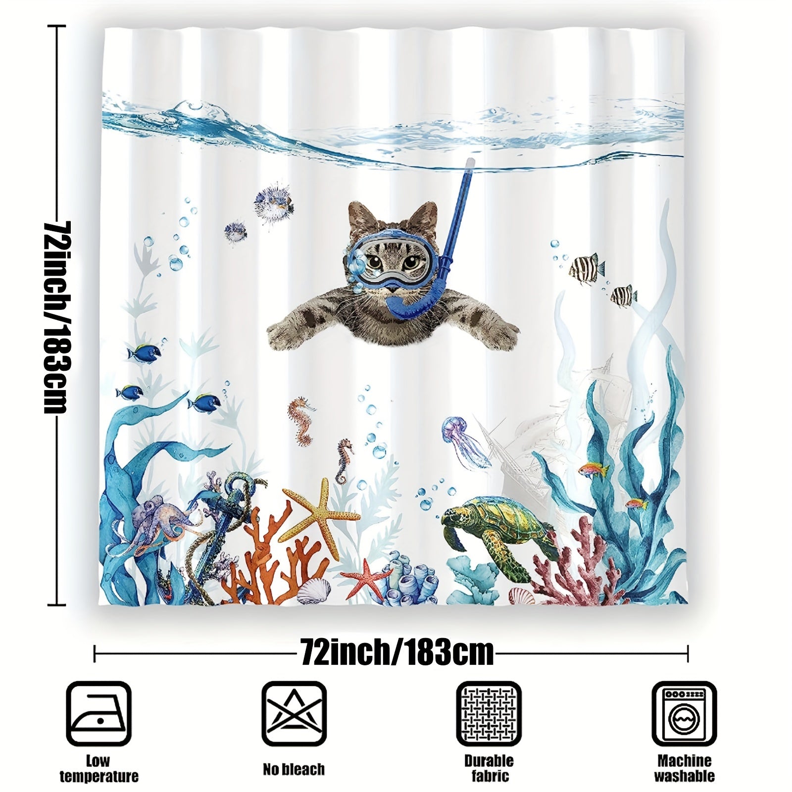 1pc Funny Cat Shower Curtain - Teal Blue Sea Ocean Waterproof Fabric Shower Curtains, Animal Octopus Starfish Turtle Anchor Fish Nautical Bathroom Curtain - For Bathroom Decor - Suitable for All Bathroom Sizes - Perfect Gift