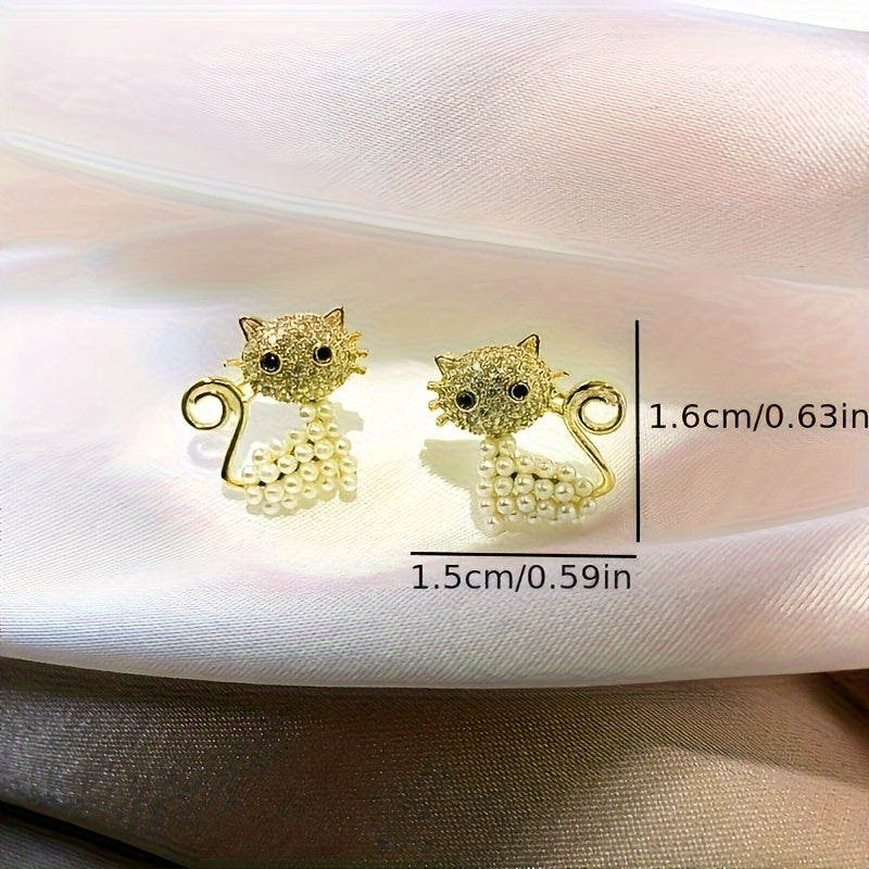Adorable Imitation Pearl Cat Design Stud Earrings Zinc Alloy Jewelry Rhinestones Inlaid Elegant Simple Style For Women Daily Wear