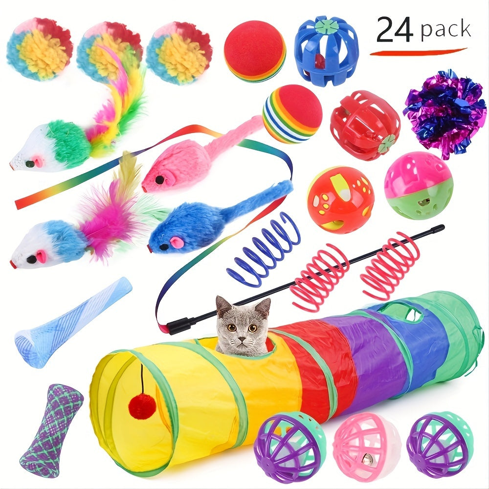 Interactive Cat Toy Set With Tunnel, Balls, Mouse, Spring, And Hollow Ball - Perfect For Indoor Cats, Provides Hours Of Fun And Exercise