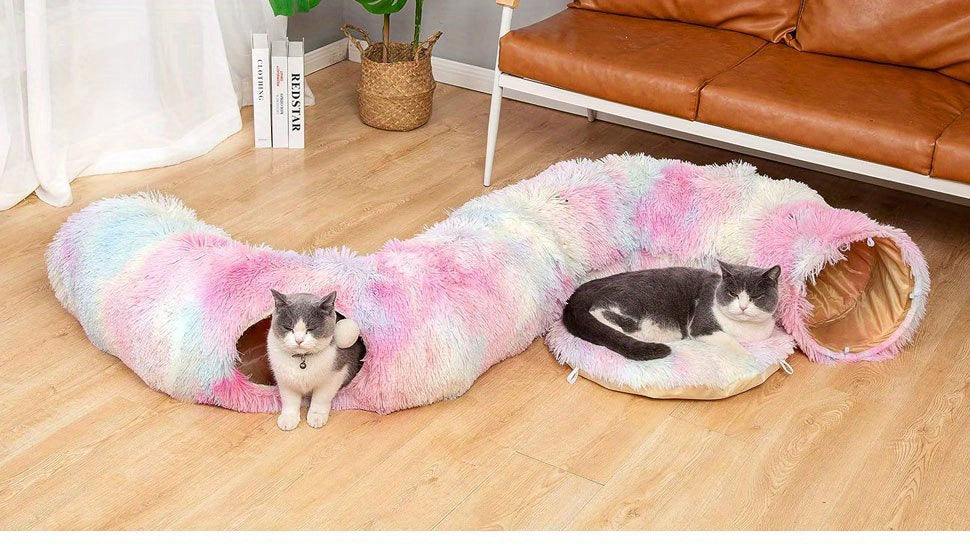 Plush 2in1 Cat Tunnel Bed | Winter Warm Donut-Style Cozy Nest with Enclosed Hideaway, Peekaboo Hole & Hanging Pom Pom Toy, Extra Thick Soft Pet Bed for Anxiety Relief and Deep Sleep, Non Slip Bottom, Perfect for Multi Cat Pla
