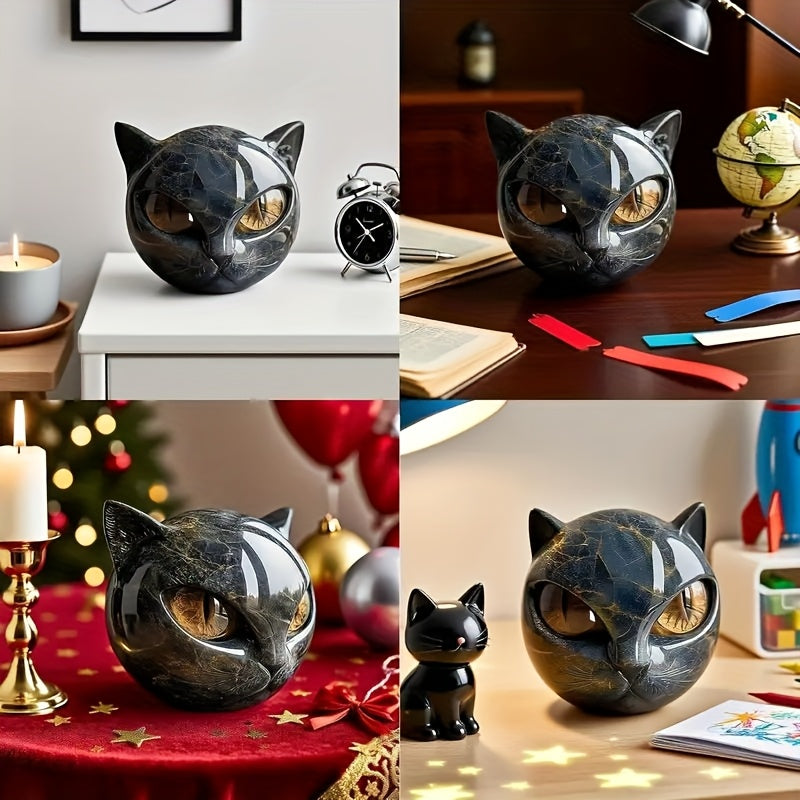 1pc Hand-Carved Resin Black Cat Stone Sculpture - Elegant Marble-Like Texture with Golden Marble Eyes, Intricate Feline Face & Expressive Eyes, Mini Cat Figurine for Home Decor, Gift for Cat Lovers (No Electricity Needed) - D