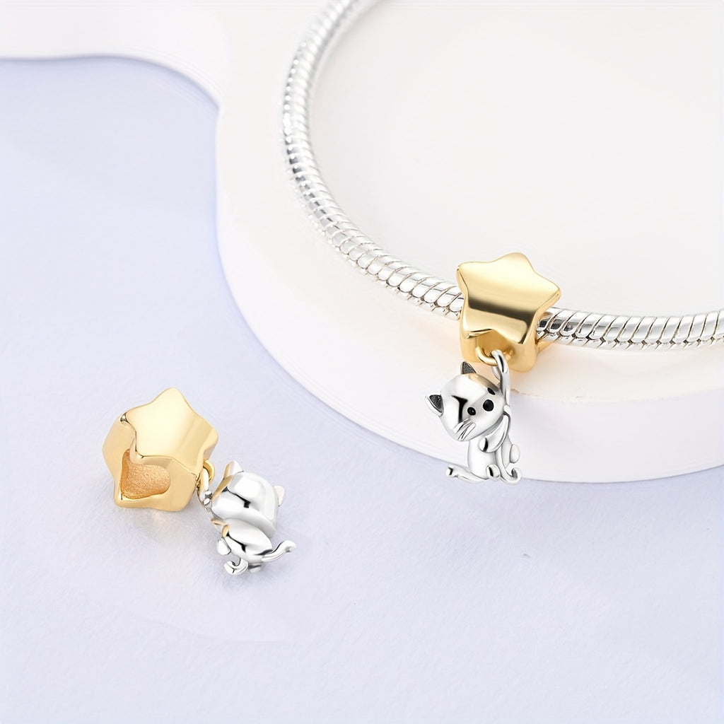 Charming Cat & Golden Star Charm - Whimsical Silver Plated Pendant for Bracelets, Earrings, or DIY Jewelry - Perfect Gift for Pet Lovers, Cat Accessories