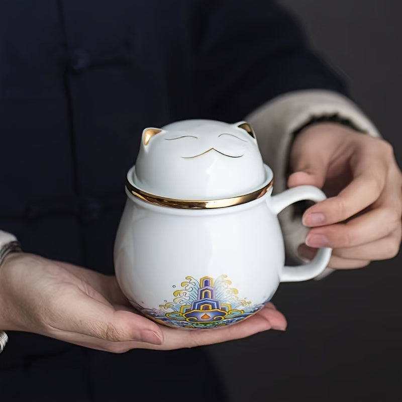 1pc Whimsical Chinese Style Lucky Cat Ceramic Tea Mug - Infused with Tea Infuser and Lid, Perfect for Summer and Winter Drinks, Unique Birthday, Holiday, Christmas, and New Year Gift Idea