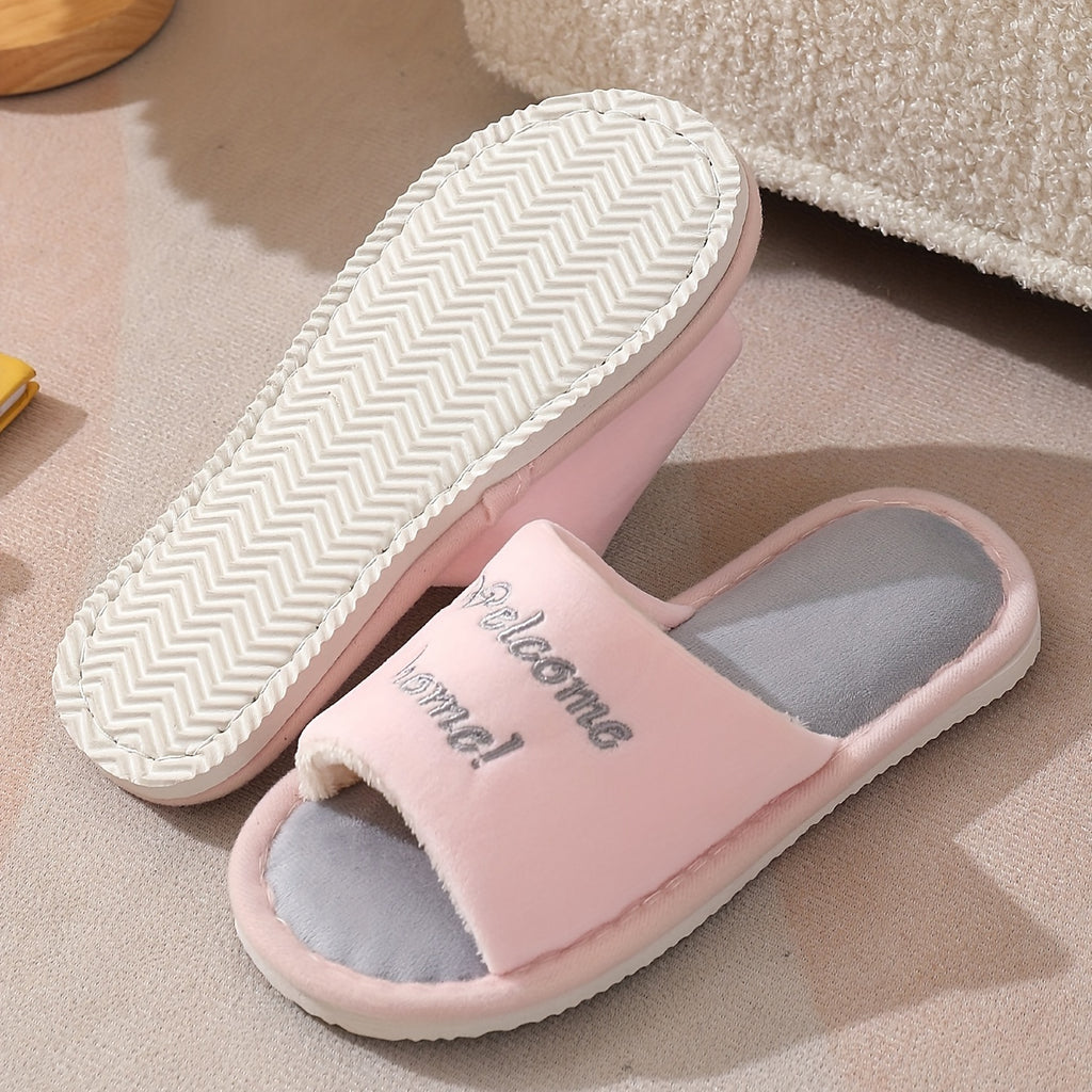 Women's Cute Cat Pattern Slippers, Open Toe Indoor Flat Fuzzy Shoes, Warm & Cozy Bedroom Floor Slippers