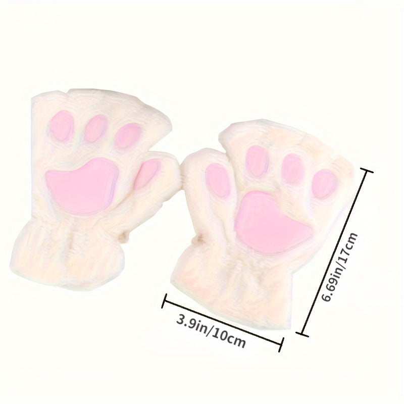 Warm Cute Cat Paw Fingerless Gloves, Winter Gloves