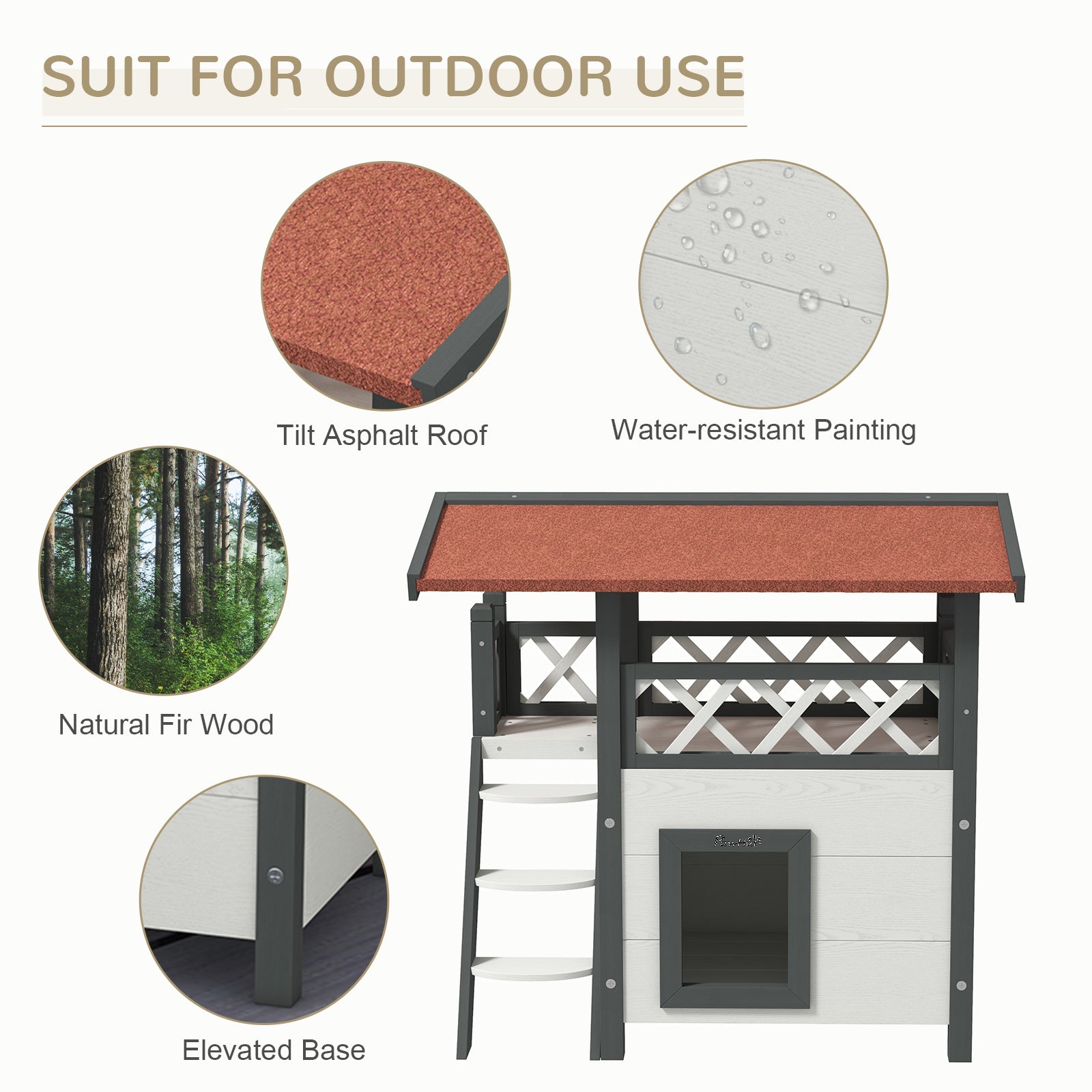 Outdoor Cat House Kitten Shelter Puppy Kennel with Balcony Stairs Asphalt Roof, 77 x 50 x 73 cm