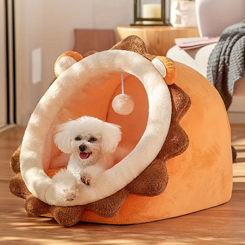 Cartoon Lion Shaped Cat Bed, Semi-enclosed Cat Kennel House Plush Cat Cave Nest For Indoor Cats