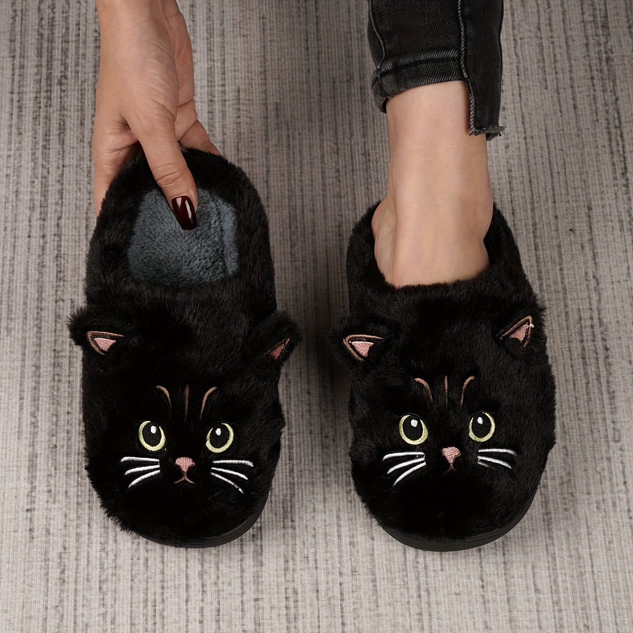Cute Cartoon Cat Design Slippers, Casual Slip On Plush Lined Shoes, Comfortable Indoor Home Slippers