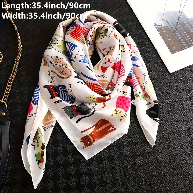 Cartoon Cat Pattern Polyester Square Scarf for Women, Cute Style, Decorative & Windproof, Breathable, Non-Elastic, with Hand Wash/Dry Clean for Parties