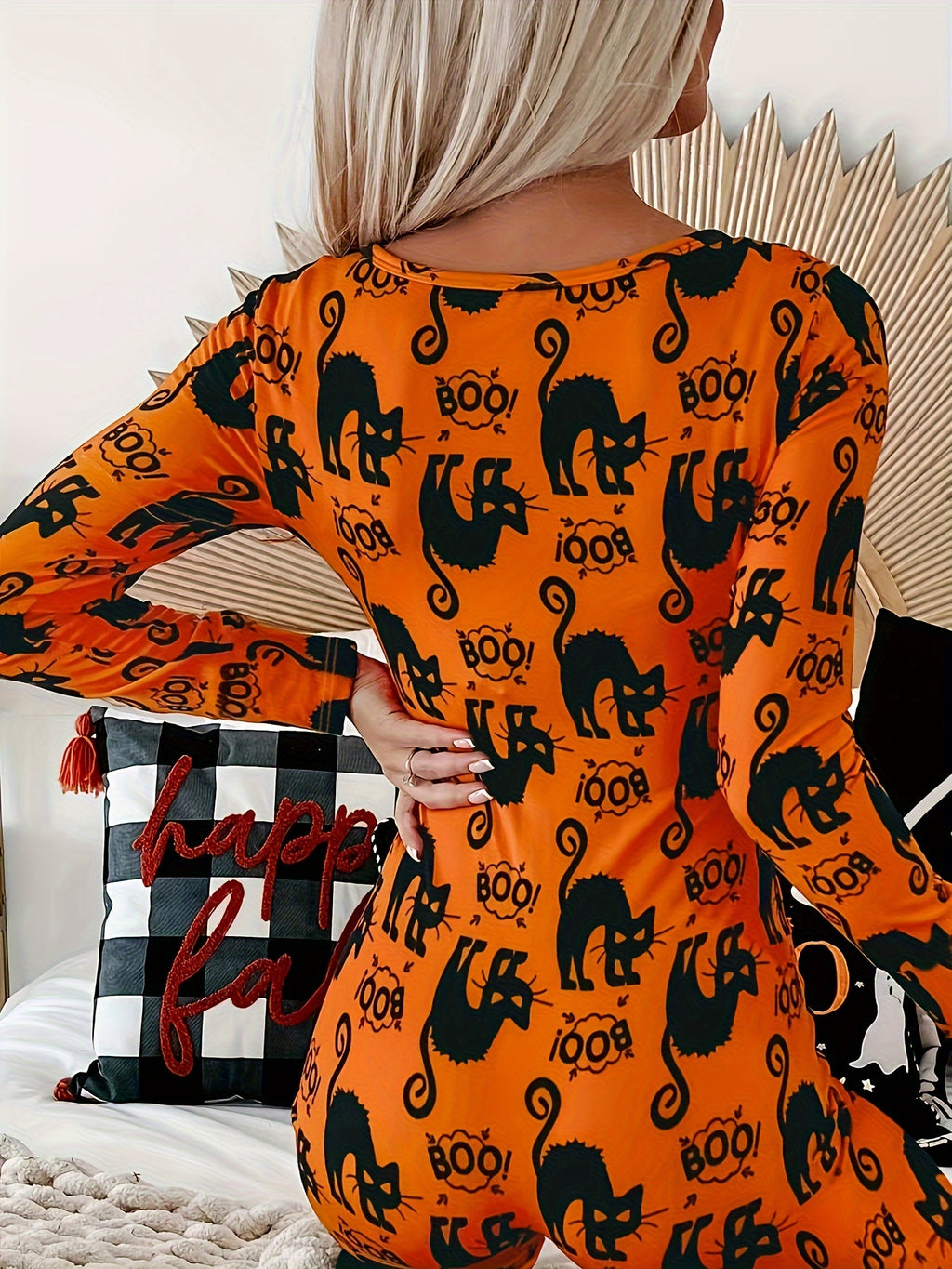 Whimsical Halloween Cat Print Unitard - Soft Mid-Elasticity Polyester Jumpsuit with V-Neck, Long Sleeves, and Casual Style - Perfect for Spring and Fall Seasons