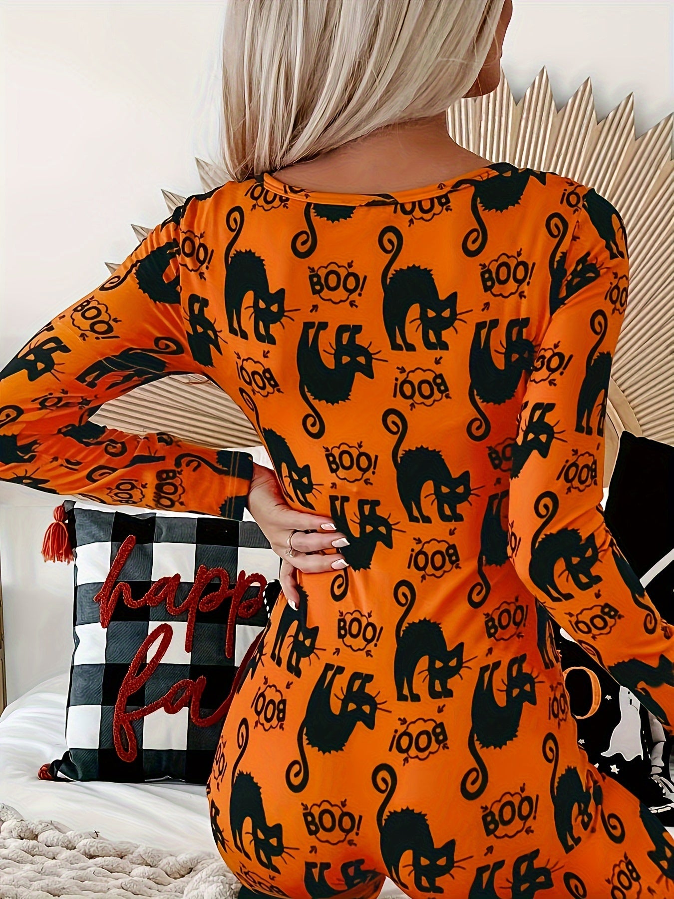 Whimsical Halloween Cat Print Unitard - Soft Mid-Elasticity Polyester Jumpsuit with V-Neck, Long Sleeves, and Casual Style - Perfect for Spring and Fall Seasons