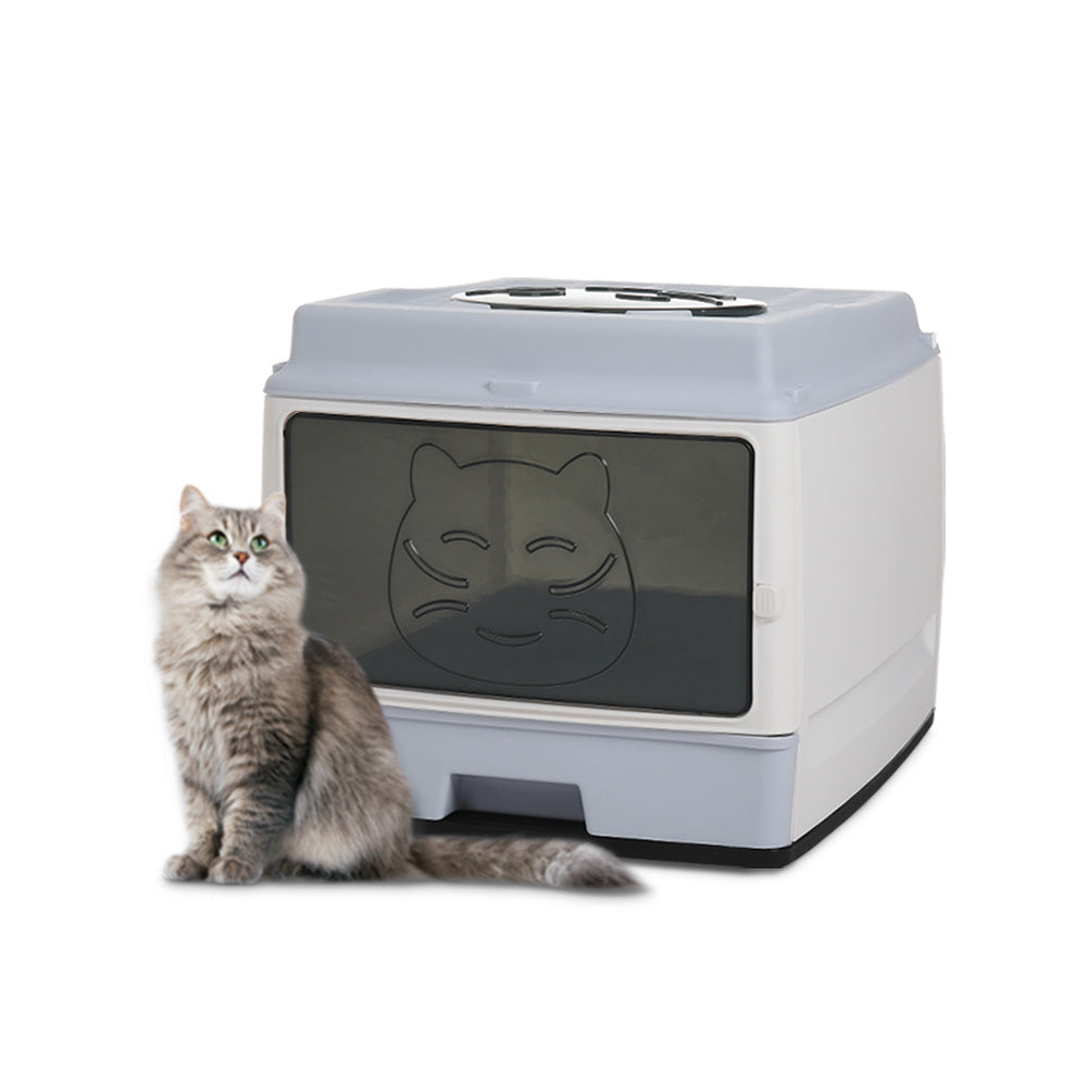 Kitten Litter Tray with Cat Hair Brush Storage Design, Cat Litter Box, Hooded Cat Litter Tray with Lid, Cat Litter Box with Drawer Pan and Scoop, L51×W39×H38cm, Grey