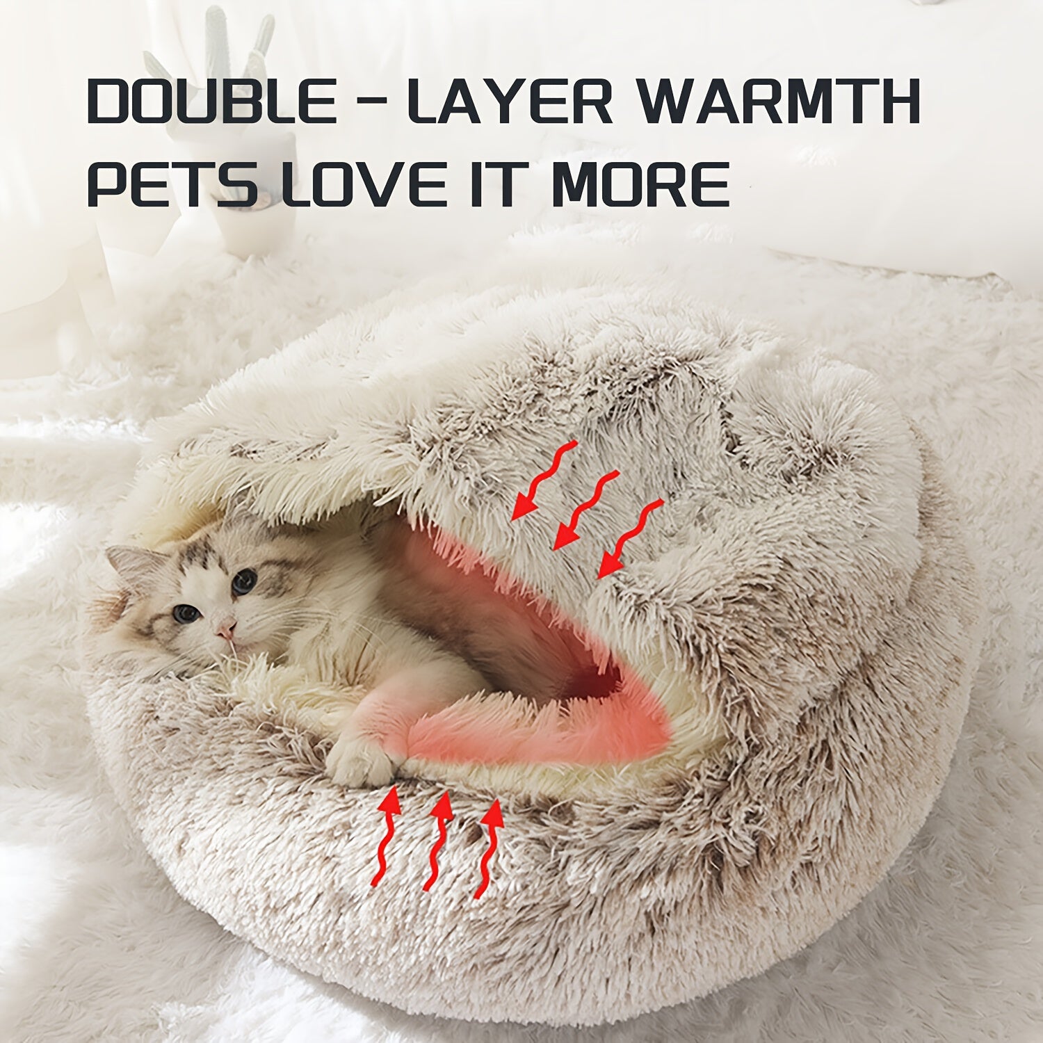 Luxurious Plush Hooded Donut Pet Bed for Cats & Small Dogs - Cozy, Warm, Non-Slip Bottom, Easy to Clean, Perfect for Winter Comfort