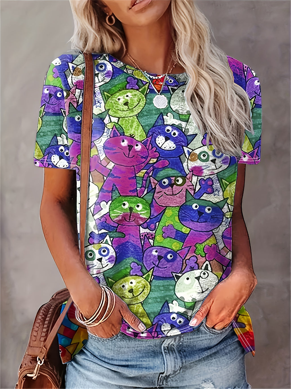 Cartoon Cat Print T-shirt, Short Sleeve Casual Tee For Summer & Spring, Women's Clothing
