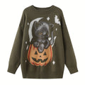 Y2K Pumpkin & Cat Pattern Knit Sweater, Casual Long Sleeve Pullover Sweater, Women's Clothing