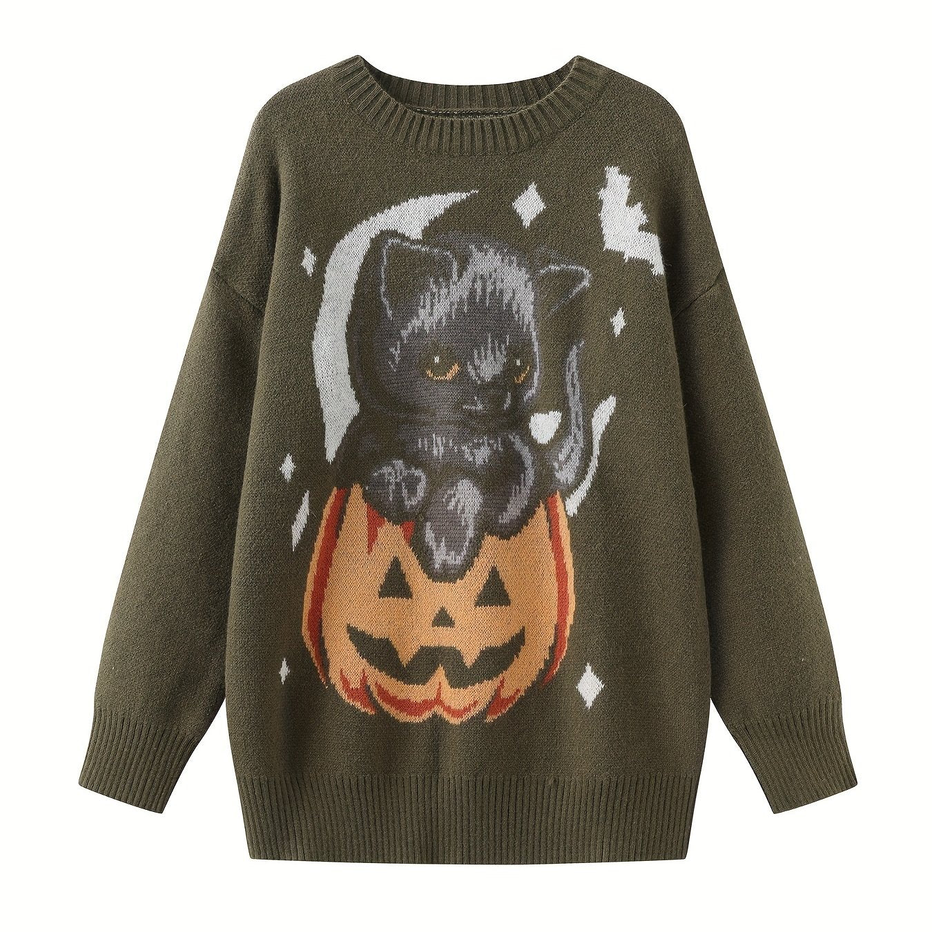 Y2K Pumpkin & Cat Pattern Knit Sweater, Casual Long Sleeve Pullover Sweater, Women's Clothing
