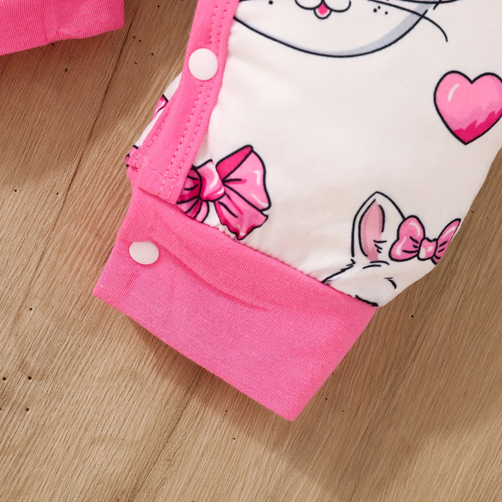 Newborn Baby Girls Cute Cartoon Cat Print Short-sleeved Comfortable Jumpsuit With Bow Headband Baby Summer Clothing