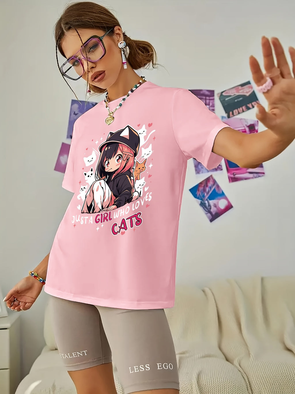Women'S Anime Cat Lover Graphic T-Shirt - Black with Pink Lettering - Soft Stretchy Fabric Casual Everyday Tee - Cute Japanese Animation Shirt for Women - G7110, Allseason Apparel, Playful Design, Comfortable Fit, Streetwear