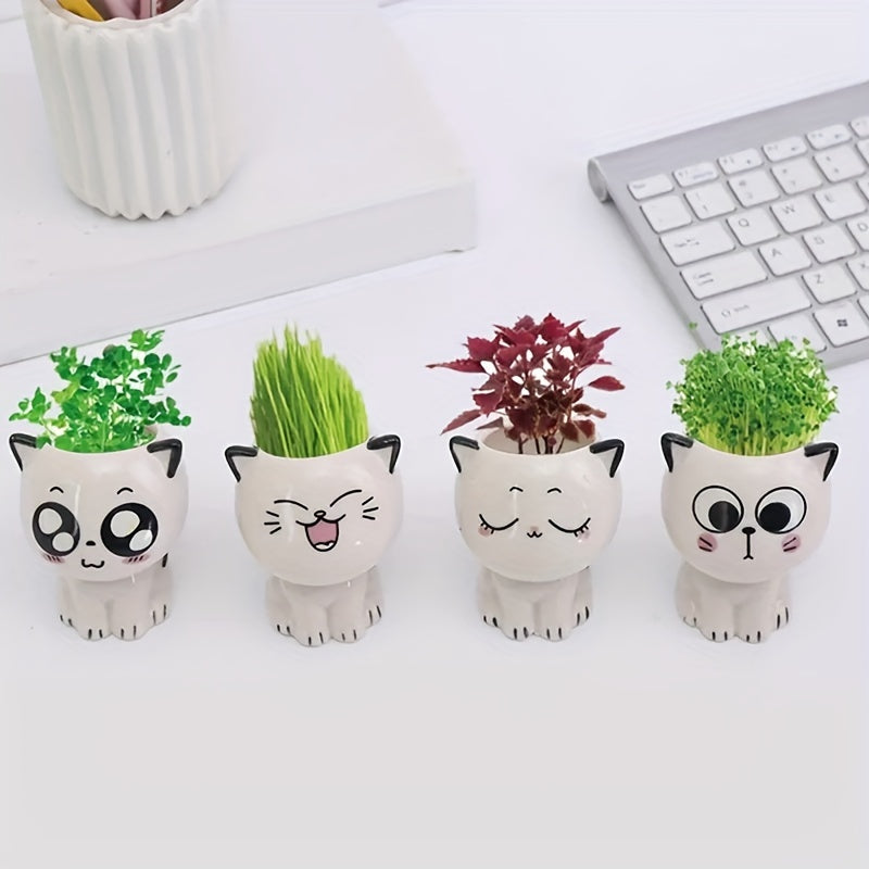 [1pc Cute Cat Flower Pot] 1pc Ceramic Mini Cat Cartoon Cute Flower Pot | Desktop Potted Plant DIY Desk Decoration | Youngsters's School Gift