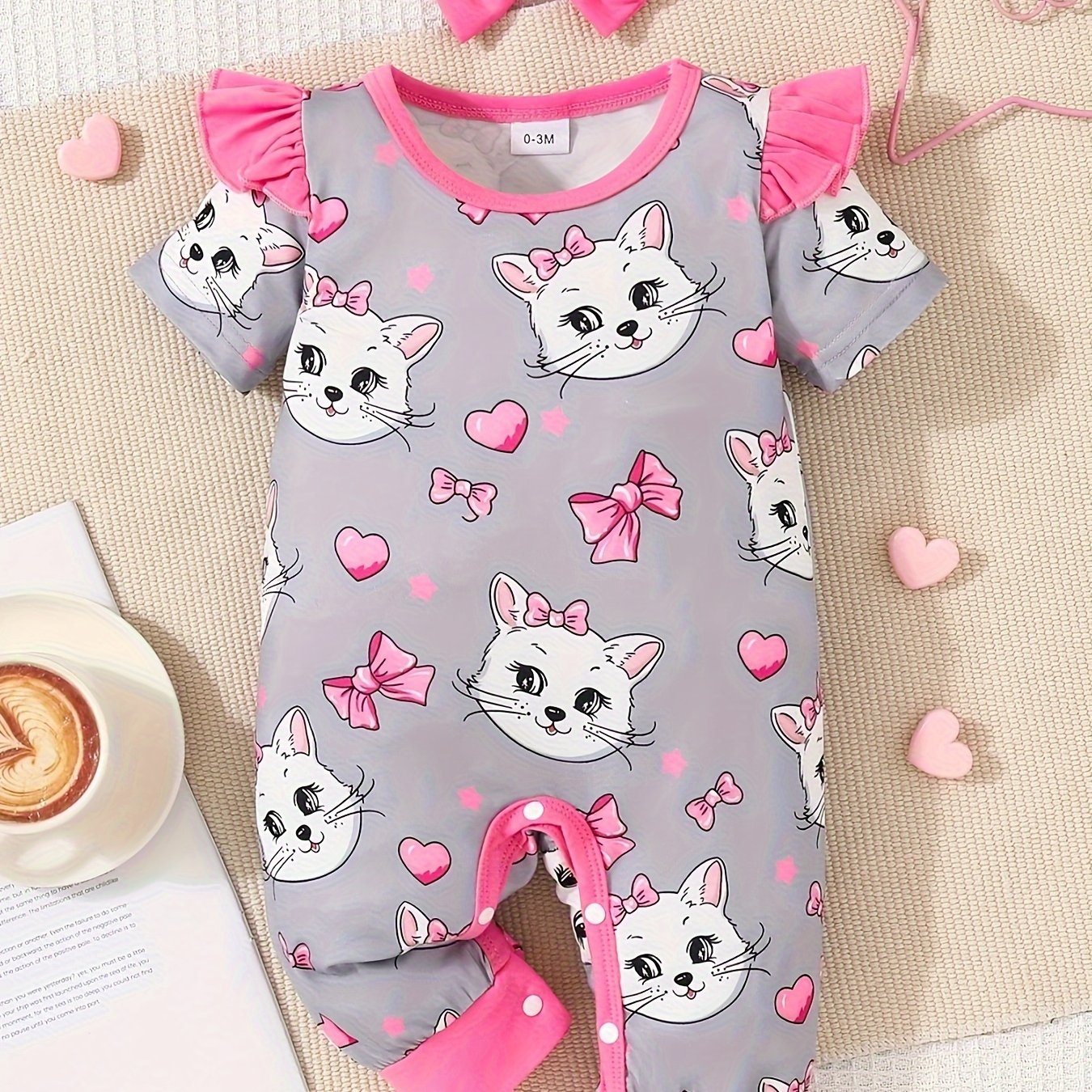 Newborn Baby Girls Cute Cartoon Cat Print Short-sleeved Comfortable Jumpsuit With Bow Headband Baby Summer Clothing