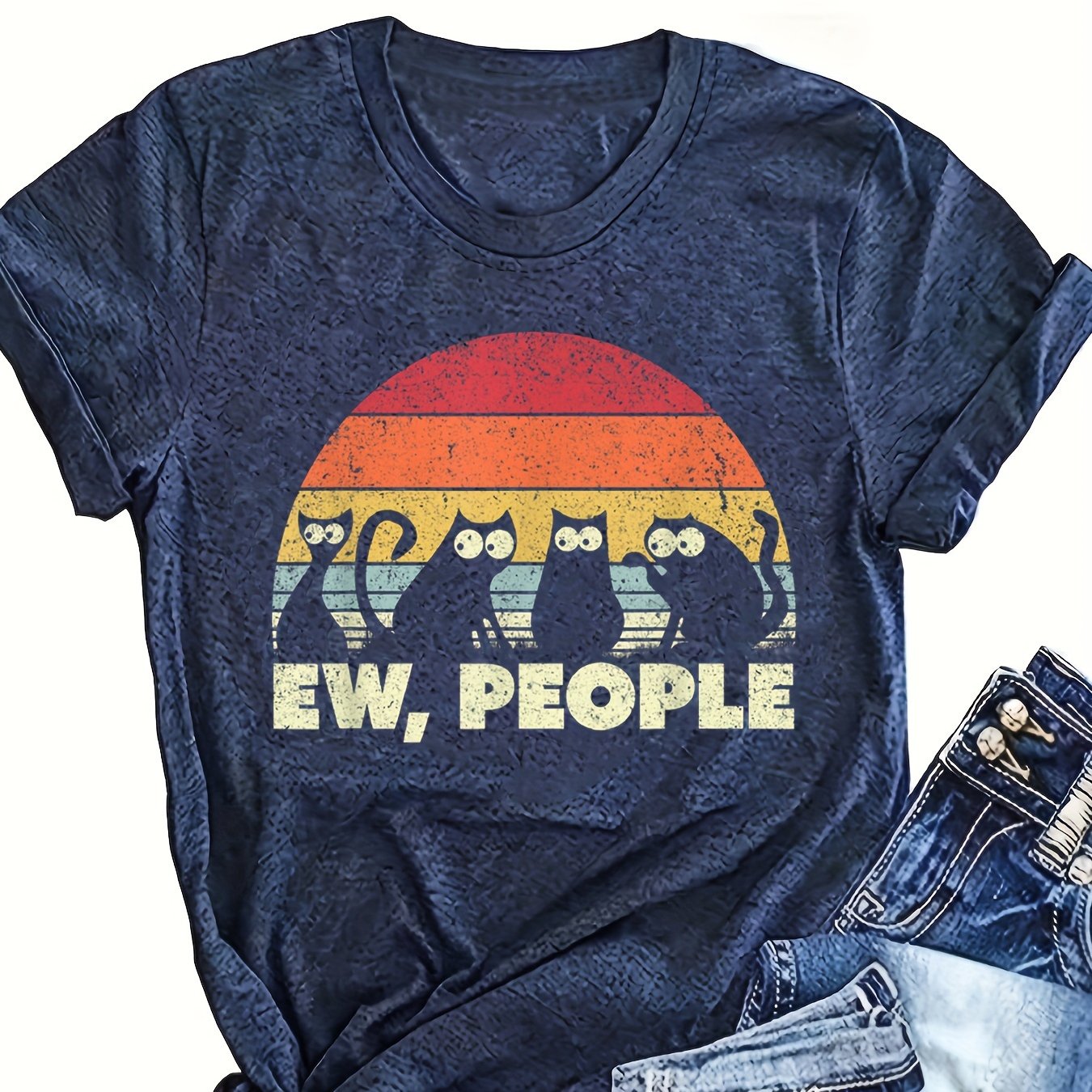 Funny Cat Print Crew Neck T-shirt, Casual Short Sleeve Top For Spring & Summer, Women's Clothing
