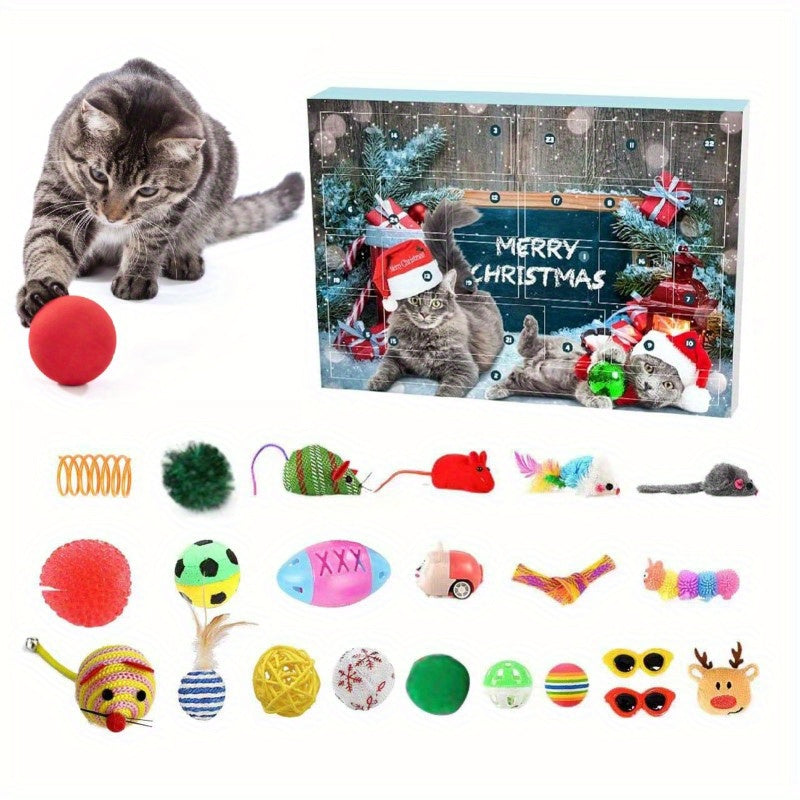 Cat Advent Calendar 2024, 24 Day Countdown to Christmas Cat Gifts with Assorted Cat Interactive Toys Countdown Calendar for Kitten Flurry Friends