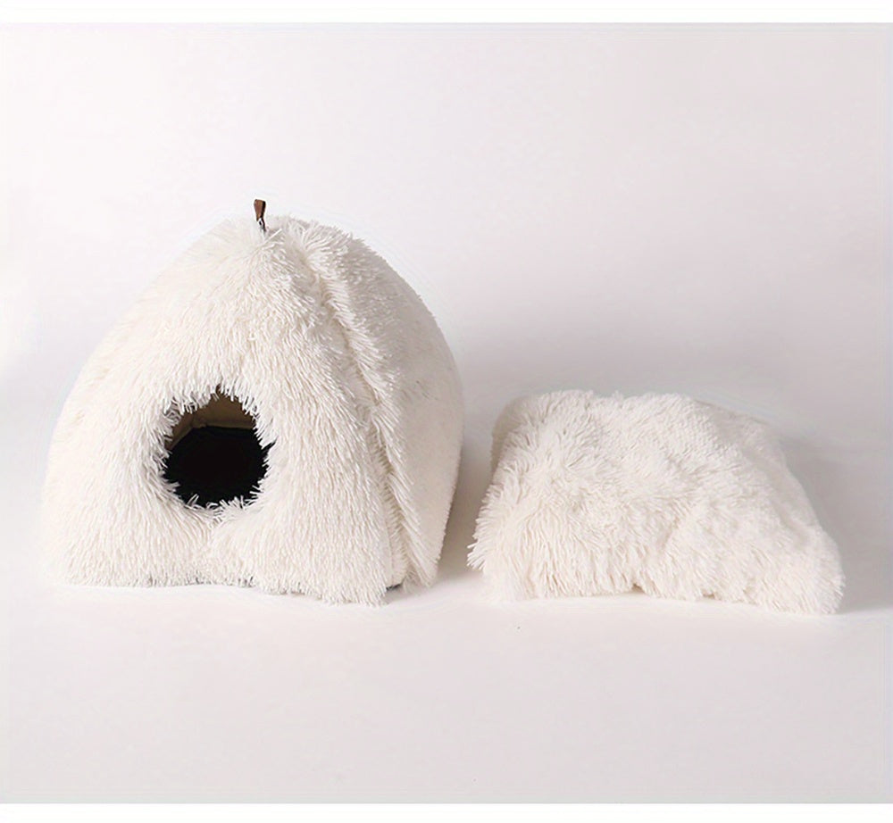Long Plush Cozy Cat Cave Bed - Soft Polyester Pet House with Non-Slip Bottom, Removable Washable Pads & Arched Entrance Tunnel for Warmth & Comfort, Cute Hideout for Kittens & Cats, Pet Relaxation Space | Cute Cat Cave | Fluf