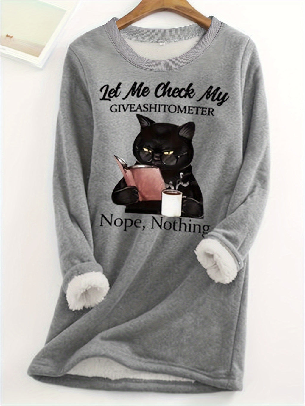 Cozy Plus Size Cat Print Top - Flattering Plush Lined Crew Neck - Stylish Womens Long Sleeve Shirt for Casual Wear