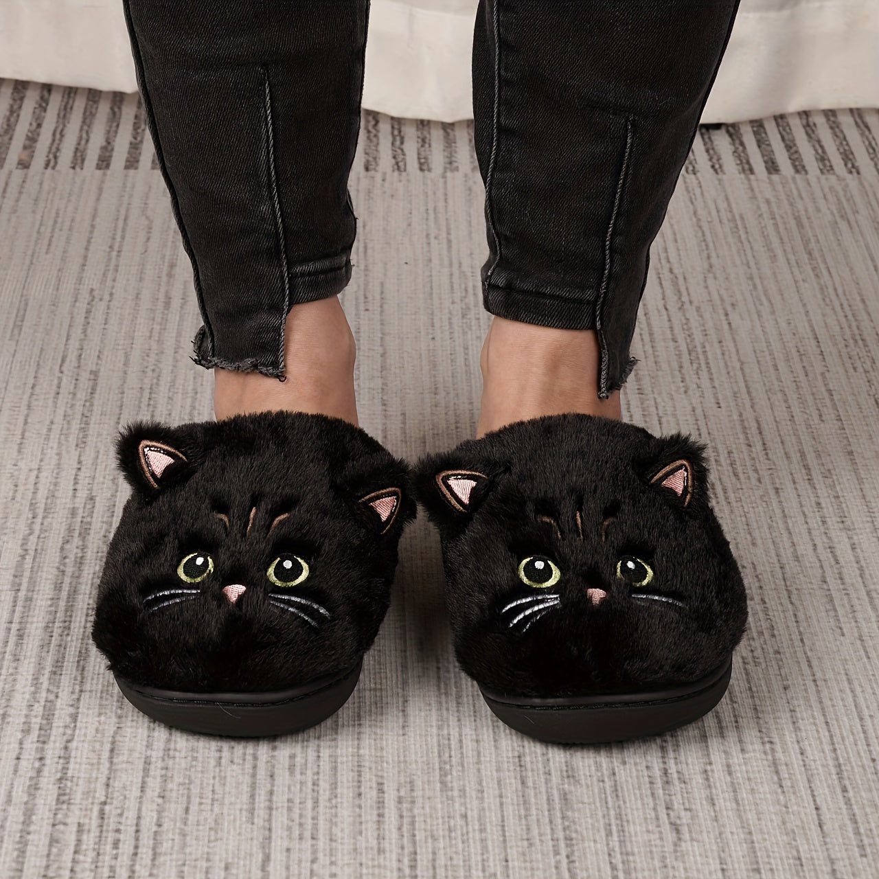 Cute Cartoon Cat Design Slippers, Casual Slip On Plush Lined Shoes, Comfortable Indoor Home Slippers